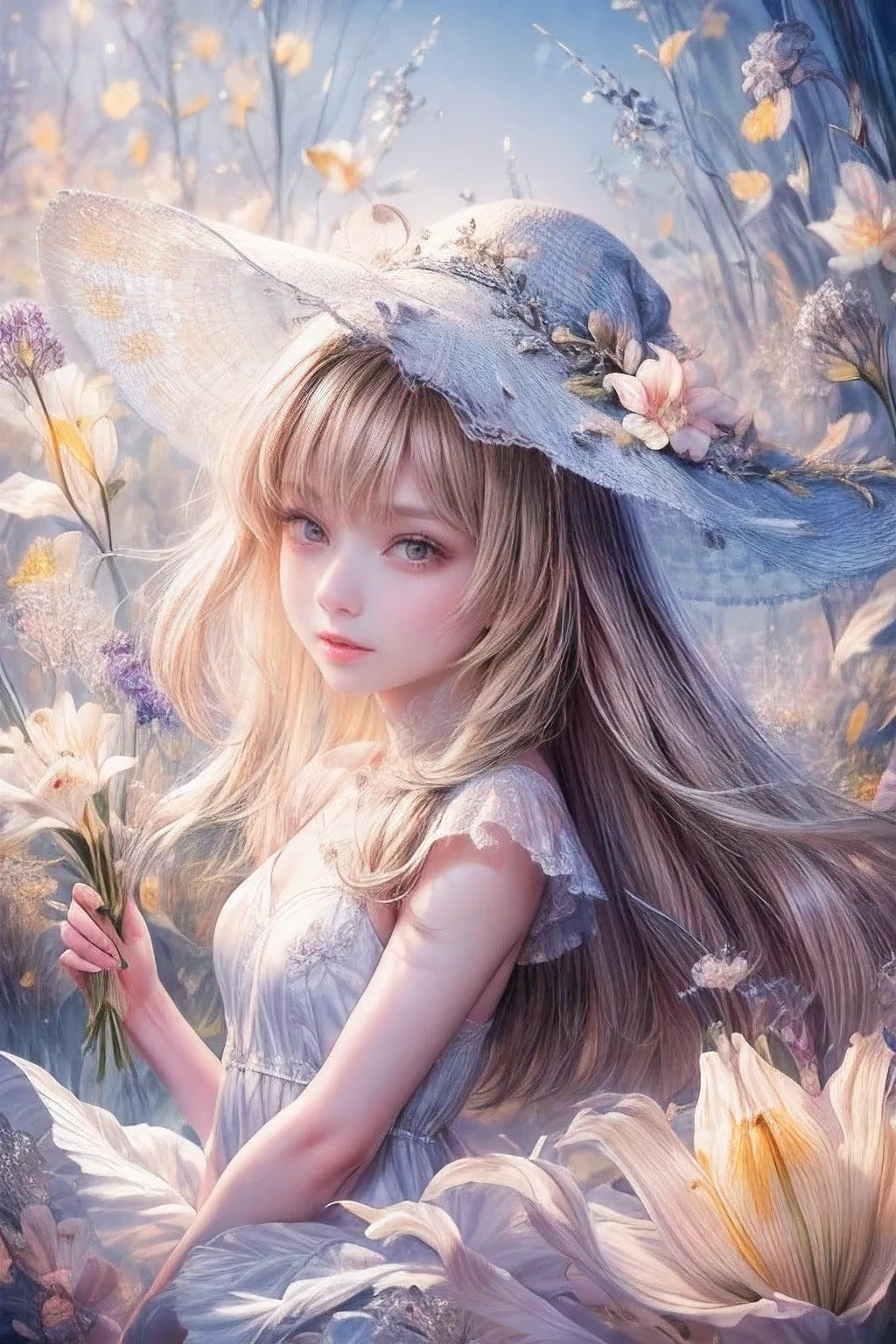 multiple exposure, masterpiece:1.2, highest quality, 16k, highres, ultra-realistic, photorealistic:1.37, beautiful detailed:1.2, cute lily fairy girl, flying in a meadow full of lilies, holding a bouquet of lilies,meadow(colorful lilies, full of lilies, bluesky), beautiful delicate pure white dress and hat with a lily motif, Beautiful and elegant pose, gently smile, beautiful delicate(hair, face, long eyelash, eyes, pupils, lips, hat, dress), sparkling eyes, shining rosy lips, blushed cheek, through bangs,