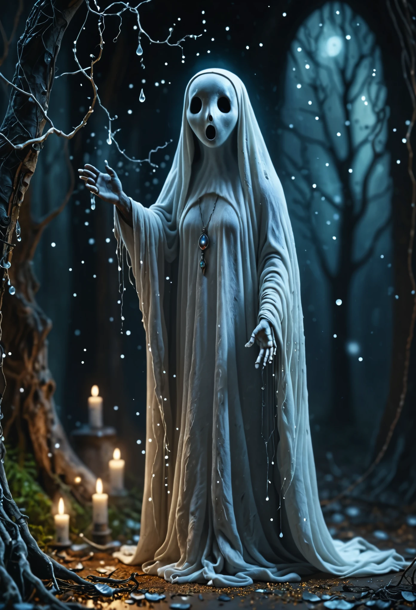 realistic photography of a cute adult magical ghost with lingering regrets in an enchanted wonderland, beautiful whimsical fantasy art concept, detailed background, glowing particles, intricate details, ultra sharp, realism