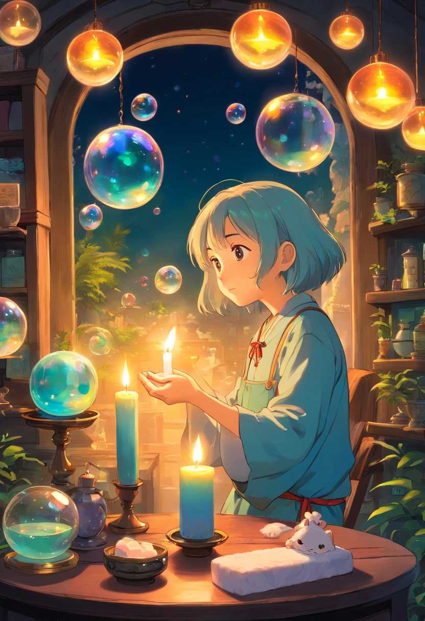 Candle and soap bubble fantasy，Dim lighting，Healing，mysterious，Different world．