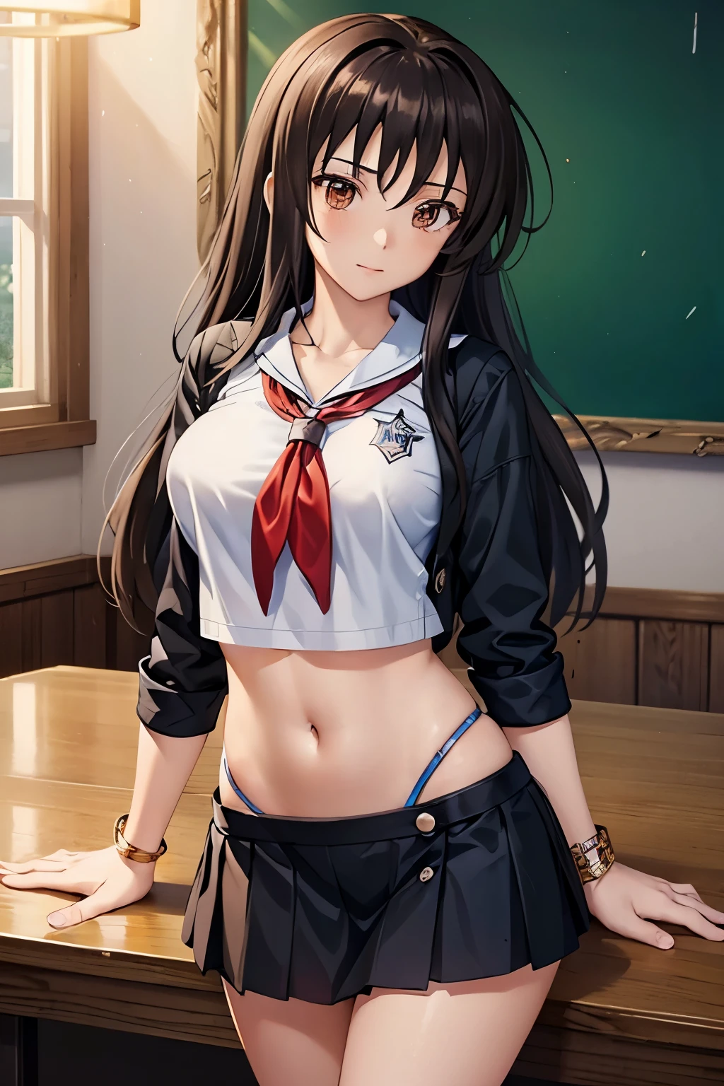 Rainale, Long Hair, Black Hair, (Brown eyes:1.5), classroom, looking at viewer, (Cowboy Shot:1.5), (masterpiece:1.2), Perfect body, (school uniform), highest quality, High resolution, unity 8k wallpaper, (figure:0.8), (Beautiful fine details:1.6), Highly detailed face, Perfect lighting, Highly detailed CG, (Perfect hands, Perfect Anatomy)