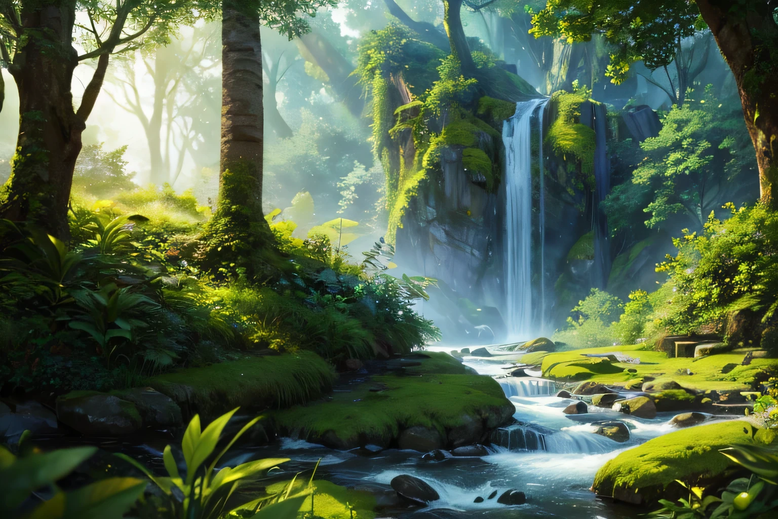 a lush, verdant forest landscape, beautiful scenic vista, high quality, 8k, hyperrealistic, extremely detailed, intricate details, photorealistic, volumetric lighting, dramatic lighting, vibrant colors, serene atmosphere, serene nature, peaceful ambiance, masterpiece, award winning