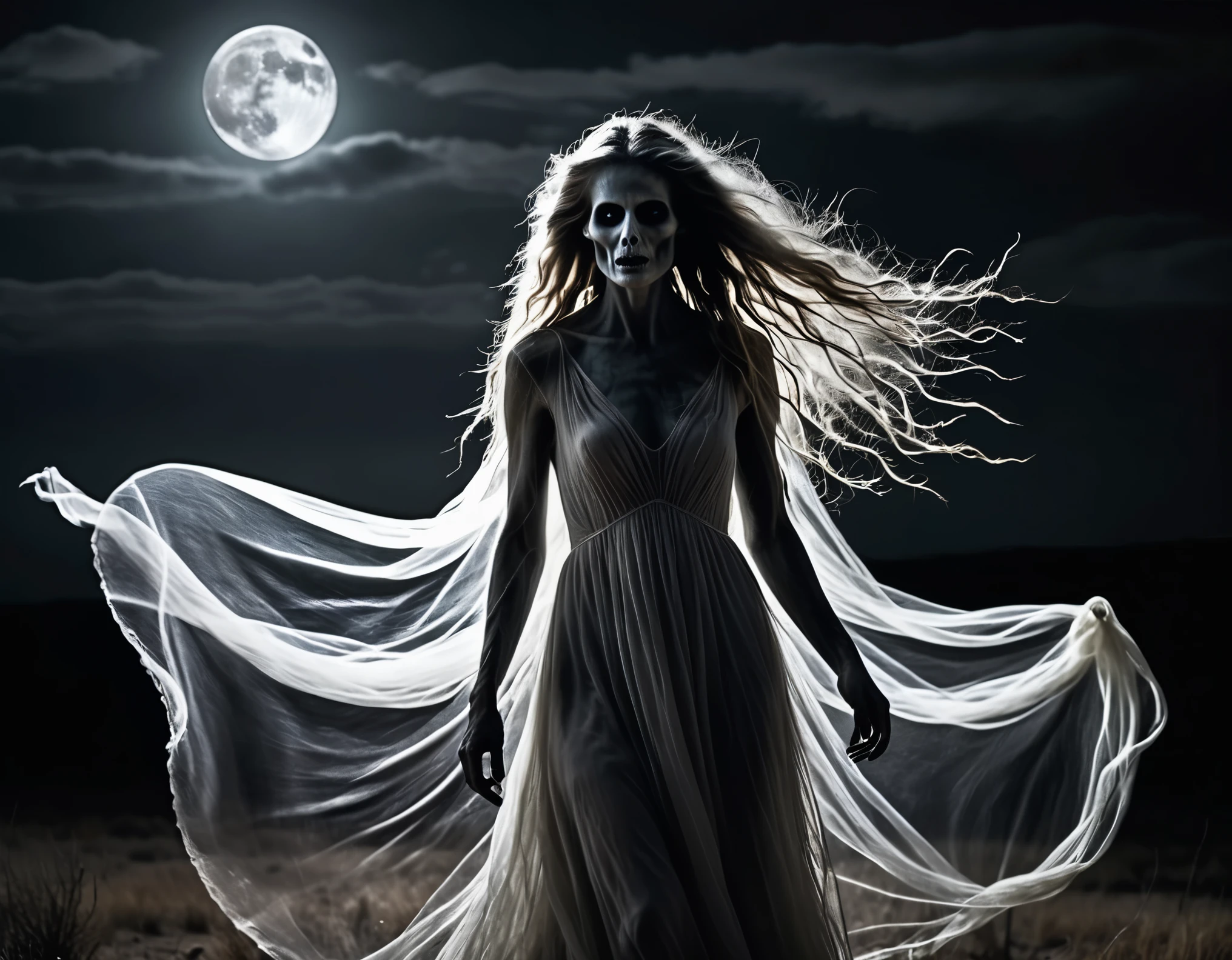 On a desolate, moonlit plain, a spectral banshee emerges from the shadows. Shot with a 50mm f/1.8 lens, the ghostly figure's flowing hair and translucent appearance are expertly captured. This haunting portrayal of a mythical entity in solitude garners acclaim for its eerie atmosphere and detailed rendering, 4K resolution, UHD, DSLR, Insane details, award-winning photo,