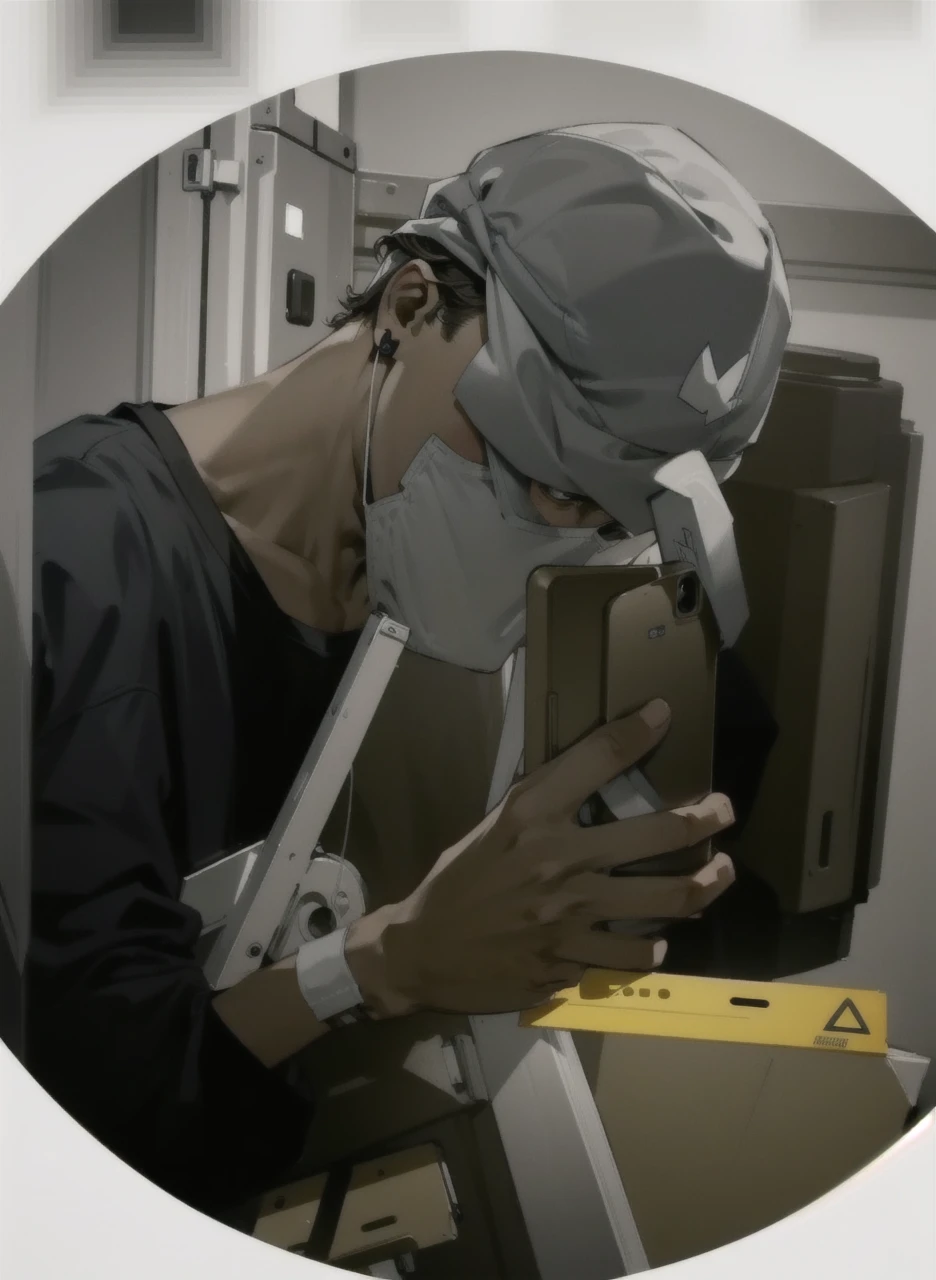 A picture of a boy wearing a cap and mask holding a mobile phone and taking pictures, Realistic portraits, look. Best Line Drawing, Clean flat lines, Black and white monochrome, Fine brush strokes. No color or shading. flat white background