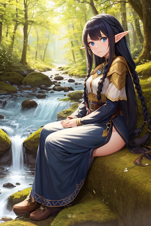 Artwork, best quality, 1 elf, 1 girl, long black hair in braids, blue eyes, small bust, looking at the viewer, forest stream location, Alone, Beautiful 18 year old elf wearing light palatial clothing sitting on a rock facing the stream