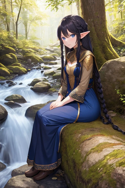 Artwork, best quality, 1 elf, 1 girl, long black hair in braids, blue eyes, small bust, looking at the viewer, forest stream location, Alone, Beautiful 18 year old elf wearing light palatial clothing sitting on a rock facing the stream