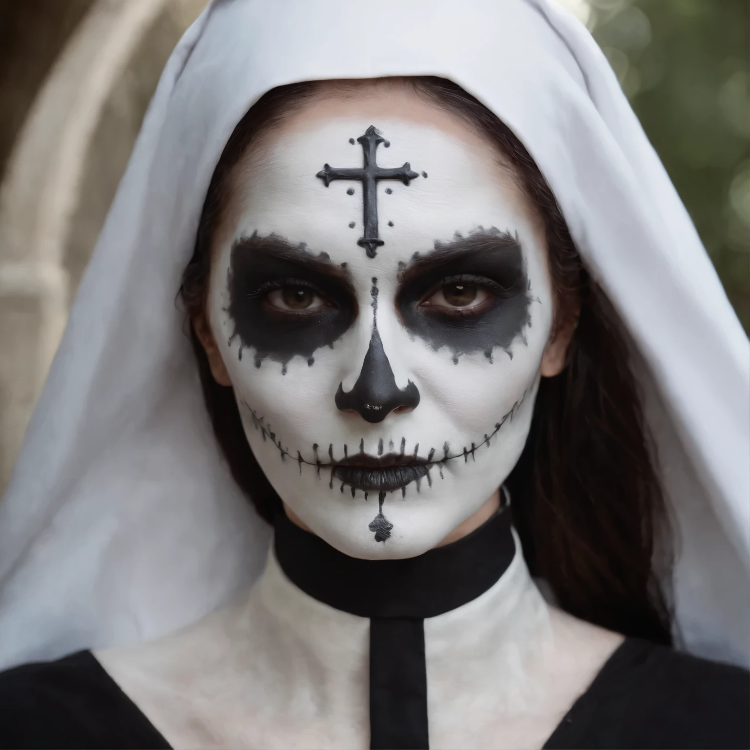 A nun from a horror movie. Best quality, masterpiece, ultra high res, (photorealistic: 1.5), raw photo, woman, offshoulder, in the dark, deep shadow, understated, cool light, dreadlocks, sinister,profane, discreet and dirty white dress,hair and skull face paint, corpse, She is 40 years old, hood, asian, skull face paint,