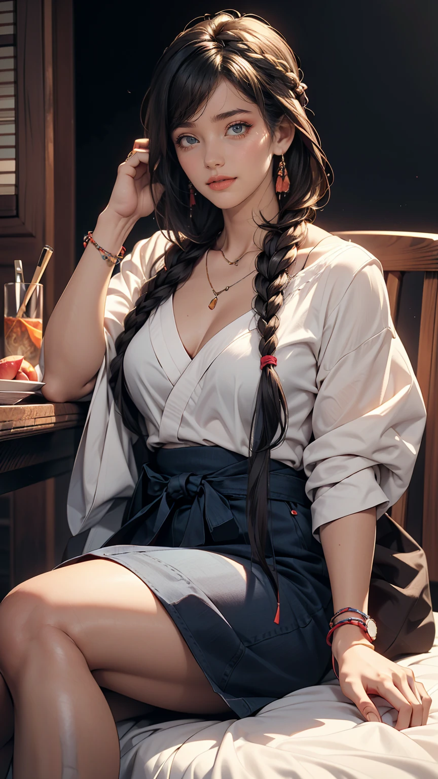 (8K, RAW Photos, highest quality, masterpiece:1.2), (Realistic, photo-Realistic:1.37)、26 year old Japanese woman、Hair is black、Eye color is indigo、long hair、I braid it lightly、Venus Body、Having her hair done、My chest is popping out、Wearing accessories on the ankle、smile、I'm wearing a hairband、Wearing a sheer tie-front shirt、The belly button is visible、Wear a navy blue low-rise micro mini pleated skirt、smile
