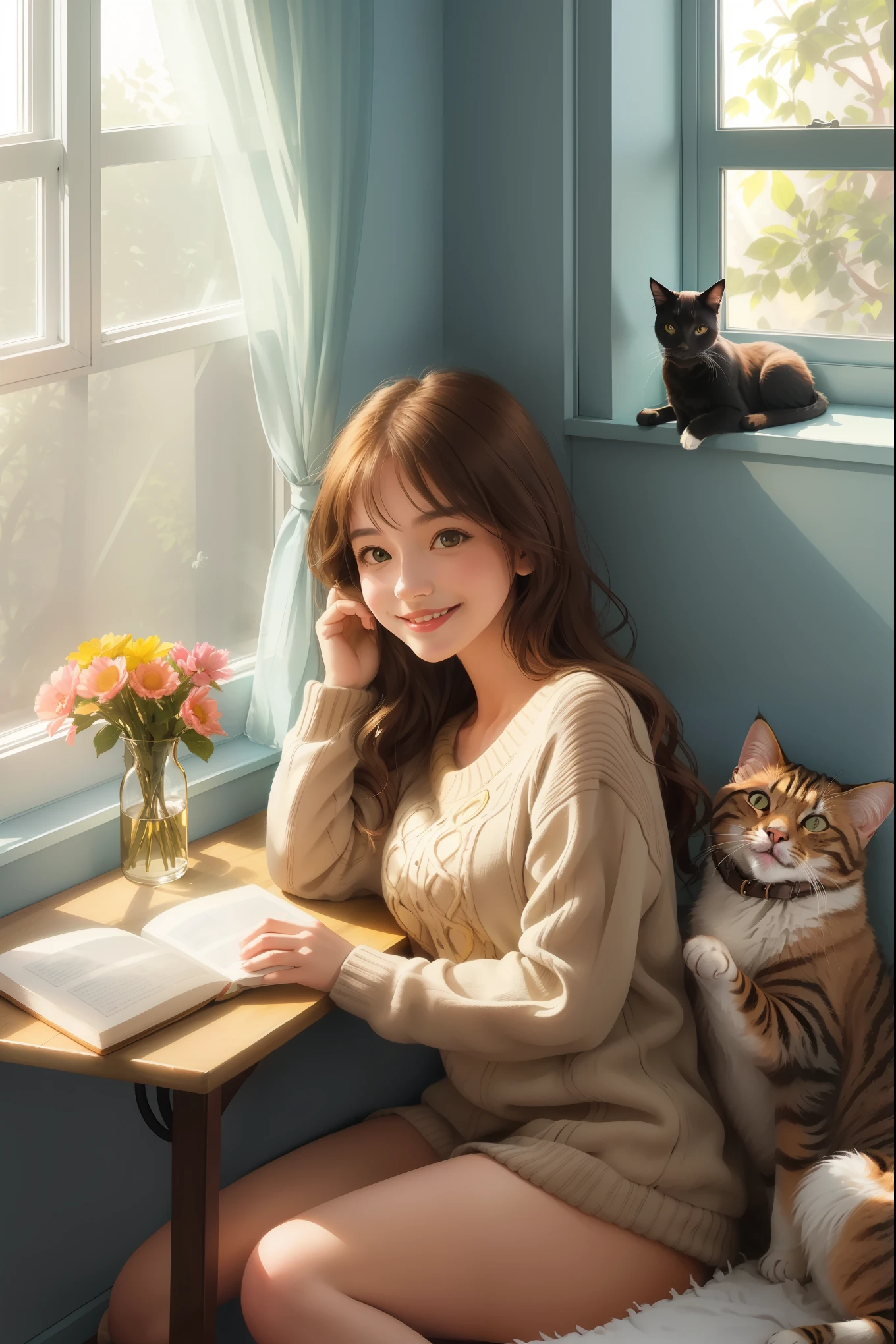 1girl,cat,girl with cat,sunlit room,cozy atmosphere,warm and inviting,home environment,bright afternoon sunlight,window seat,books,smiling girl,peaceful,serene setting,soft colors,girl with cat enjoying sunlit room,beautiful interior,relaxed vibe