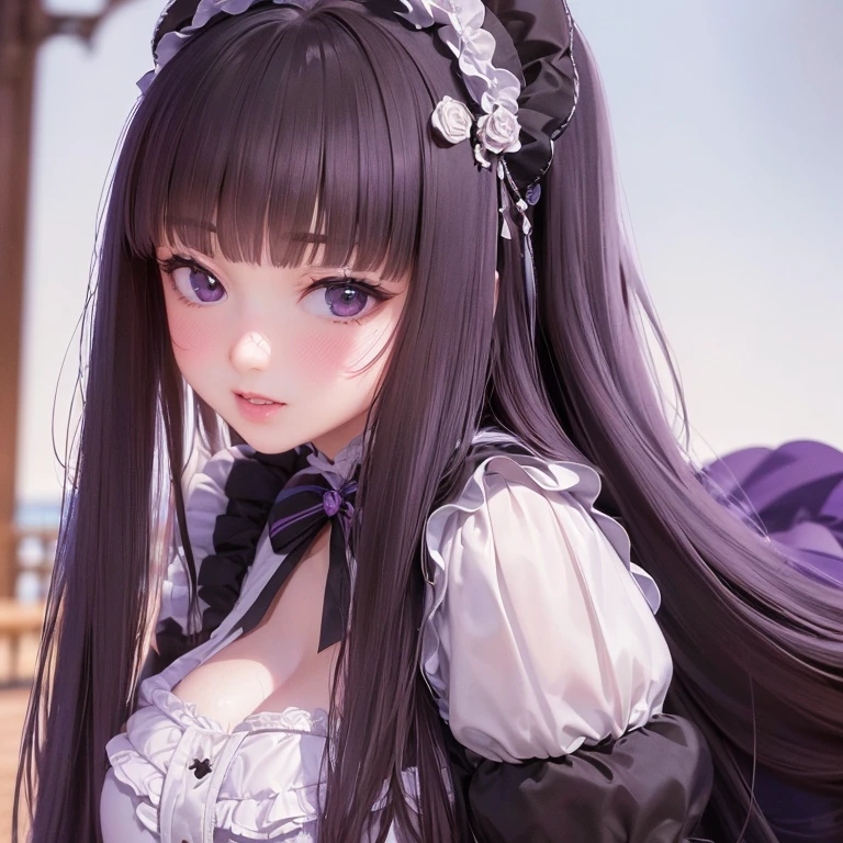(best quality,4k,8k,highres,masterpiece:1.2),ultra-detailed,(realistic,photorealistic,photo-realistic:1.37),Disneyland,Lolita Fashion,Kissing,Ai Fukuhara,Purple long hair,Large breasts