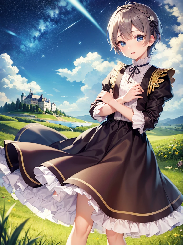 highest quality、Masterpiece、Grassland with a view of the castle、night、Starry Sky、(One boy)、One boy
、Prince Clothes