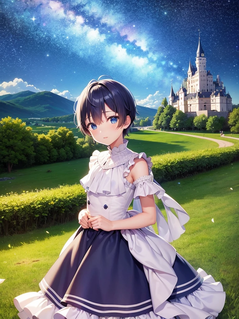 highest quality、Masterpiece、Grassland with a view of the castle、night、Starry Sky、(One boy)、One boy
、Prince Clothes