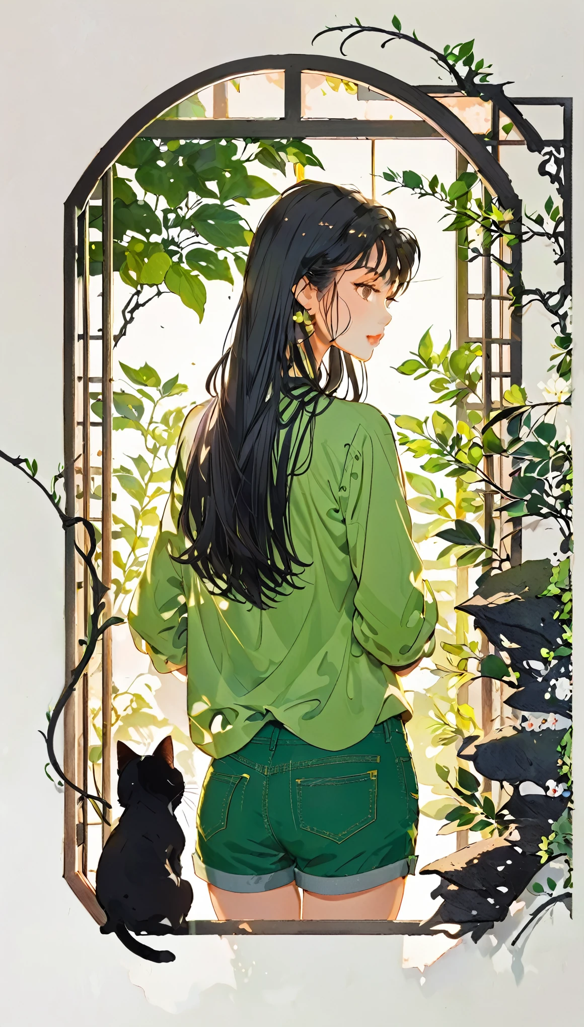 1 girl, black long hair, straight hair, green shirts, denim short pants, portfolio, back view, cat on girl, paper cutting style