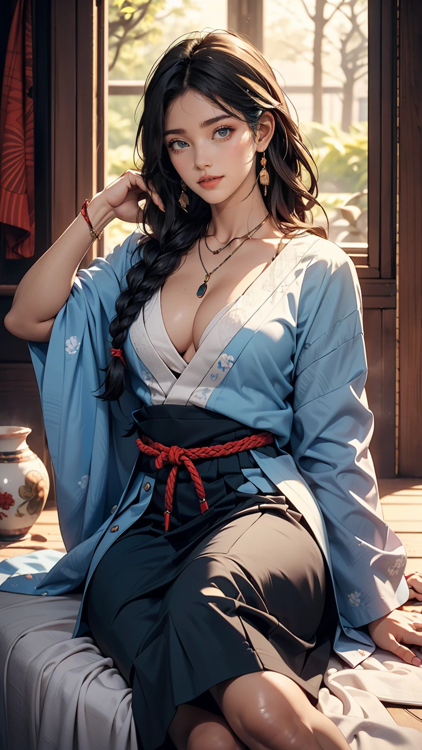 (8K, RAW Photos, highest quality, masterpiece:1.2), (Realistic, photo-Realistic:1.37)、26 year old Japanese woman、Hair is black、Eye color is indigo、long hair、I braid it lightly、Venus Body、Having her hair done、My chest is popping out、Wearing accessories on the ankle、smile、I'm wearing a hairband、Wearing a sheer tie-front shirt、The belly button is visible、Wear a navy blue low-rise micro mini pleated skirt、smile