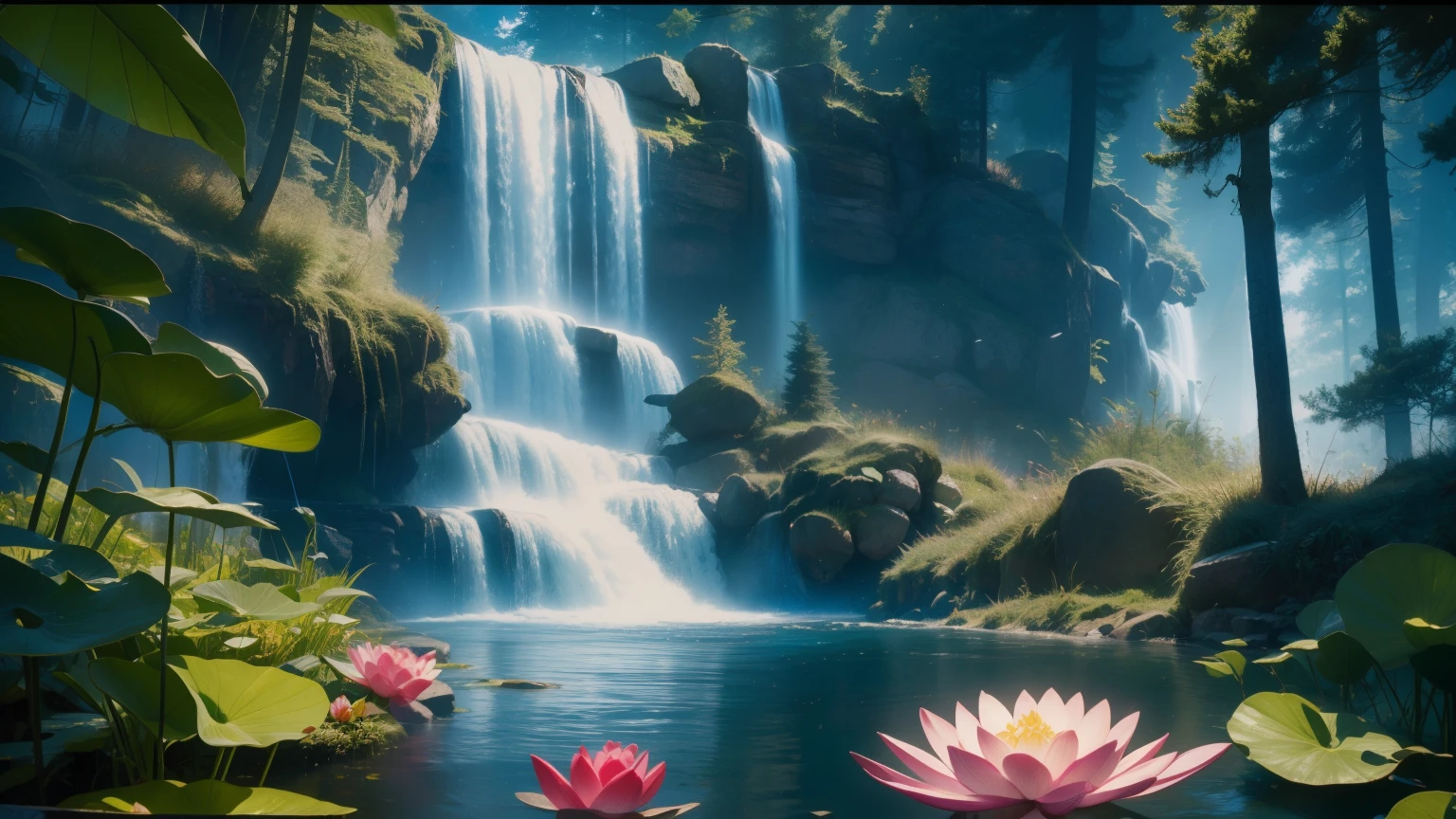 In der Nacht, nur das Mondlicht erhellt, schiefer Mond, Berge in der Ferne, beautiful big lotus flowers nearby, large red lotus flowers, running water next to it, frogs, Sommer voller Freude, schiefer Mond in the sky mixed with stars, tolle Tapete, regnerische Nacht, Nacht im Regen, beautiful and beautiful, Film, Hohe Detailliertheit ((Starkregen))), 8k