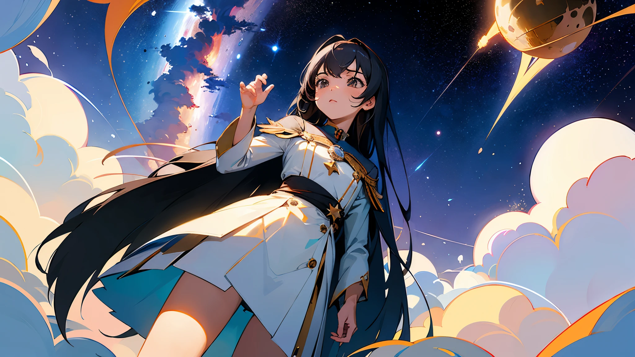 (masterpiece、Best Quality: 1.2)、Provocative composition、Low - Angle、From below、Look Up、Cinematic Anime、universe、universe、milky way、Cosmos、惑star、star、universe飛行士、whole body、Super detailed、Beautiful Face、Fine grain、Anime clips of three girls floating in great detail、Correct Anatomy、Incredible Absades