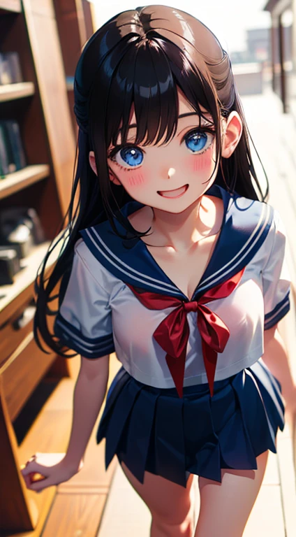 masterpiece, highest quality, One Girl, ((beautiful girl))、(((Narrow waist))), Official Art, RAWphotograph,colorful、Bright lighting、Face Light, Ultra-realistic, High resolution, photograph, Sharp focus, Highly detailed eyes and face,((Blue Eyes、There are stars in the eyes))、Symmetrical face, whole body、Long Hair、Thin thighs、Beautiful breasts、美しいCleavage、((Embarrassed、Shyness、Happy smile))、(((Sailor suit、Light blue micro mini skirt、Red ribbon、Cleavage)))、Knee-high socks、Brown Loafers