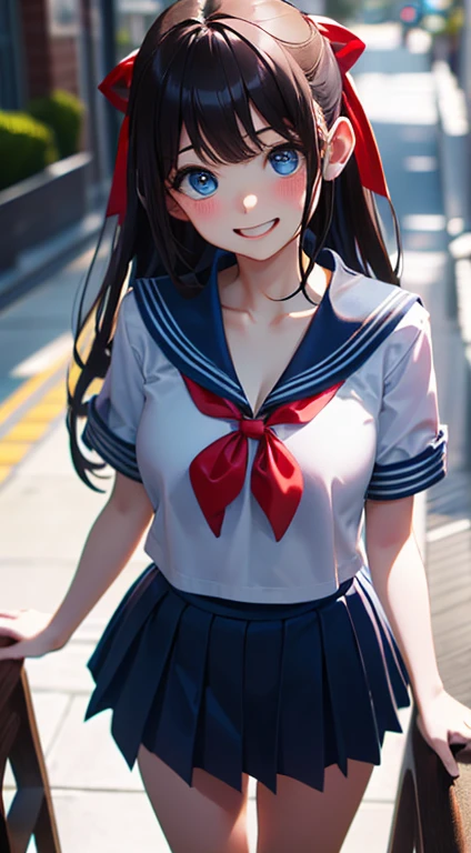 masterpiece, highest quality, One Girl, ((beautiful girl))、(((Narrow waist))), Official Art, RAWphotograph,colorful、Bright lighting、Face Light, Ultra-realistic, High resolution, photograph, Sharp focus, Highly detailed eyes and face,((Blue Eyes、There are stars in the eyes))、Symmetrical face, whole body、Long Hair、Thin thighs、Beautiful breasts、美しいCleavage、((Embarrassed、Shyness、Happy smile))、(((Sailor suit、Light blue micro mini skirt、Red ribbon、Cleavage)))、Knee-high socks、Brown Loafers