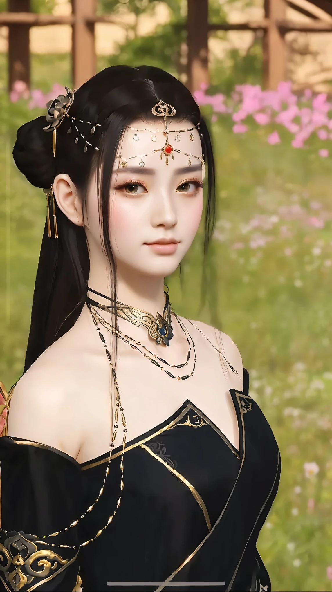 a close up of a woman in a black dress with a flower in her hair, a beautiful fantasy empress, inspired by Lan Ying, inspired by Qiu Ying, beautiful render of tang dynasty, ((a beautiful fantasy empress)), inspired by Du Qiong, inspired by Li Mei-shu, inspired by Wang Meng, korean mmorpg, inspired by Pu Hua