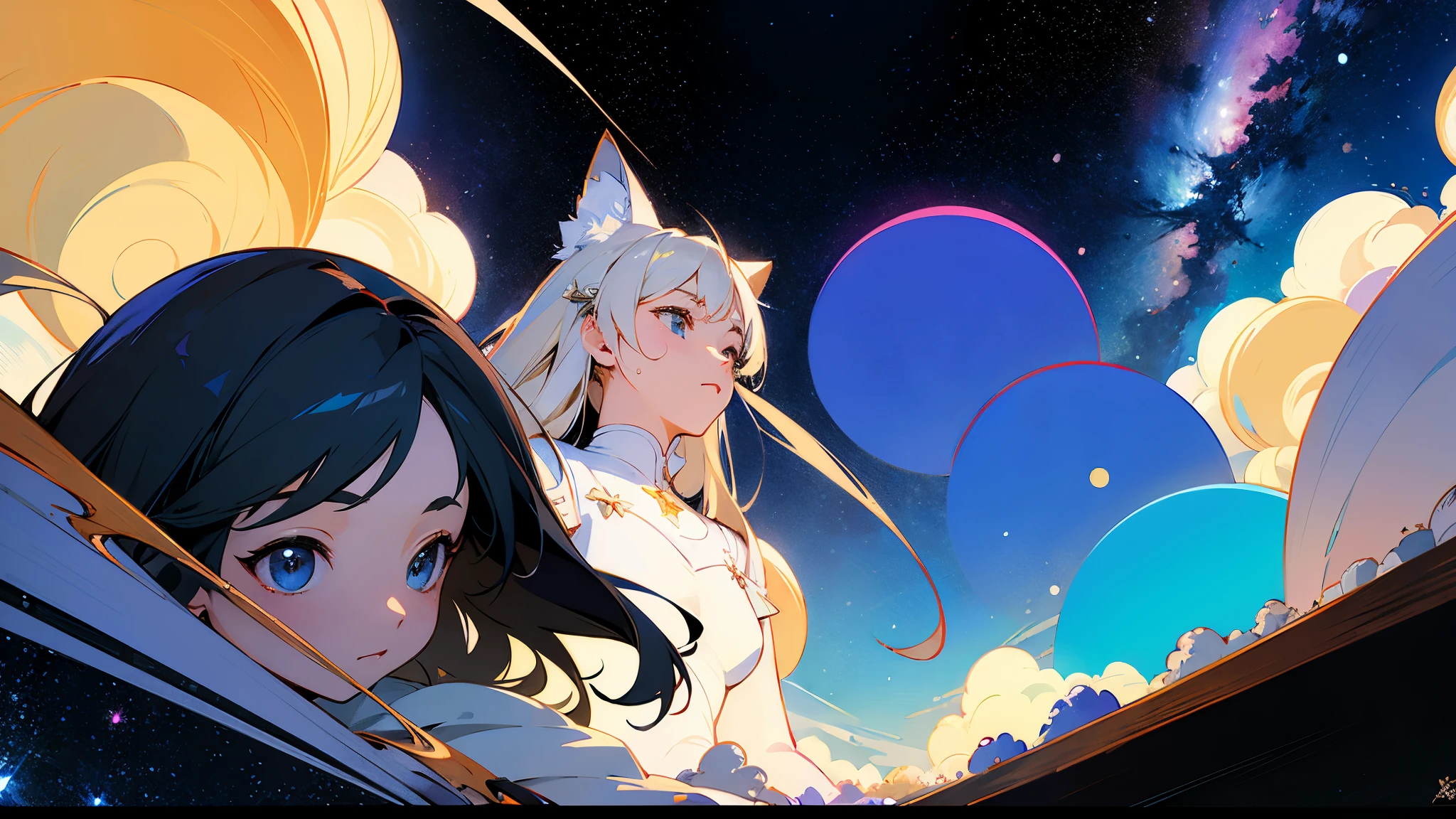 (masterpiece、Best Quality: 1.2)、Provocative composition、Low - Angle、From below、Look Up、Cinematic Anime、universe、universe、milky way、Cosmos、惑star、star、universe飛行士、whole body、Super detailed、Beautiful Face、Fine grain、Anime clips of three girls floating in great detail、Correct ???????、Incredible Absades