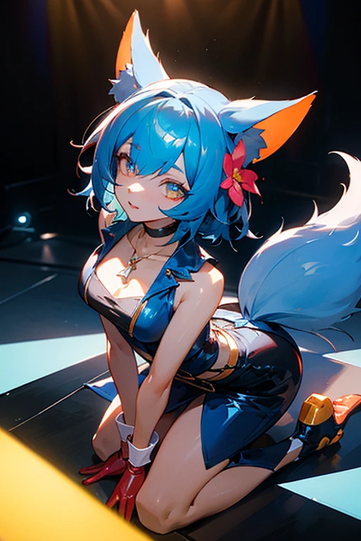 verinadef, blue hair, hair ornament, medium hair,  hair flower, gloves, red latex gloves,
detailed eyes, shining eyes, 
choker, necklace, on stage, shining skin, light up skin, oily detailed skin, 
((vivid light up to the stage)), (fox ears), a fox tail, orange  gater belt dress, kneeling , arms open,
The crowd is cheering loudly, vivid color light up, vibrant colors, masterpiece, sharp focus, enhanced color contrast, from above, side dynamic angle,
((highly detailed background:1.2)),(masterpiece:1.2), best quality, 