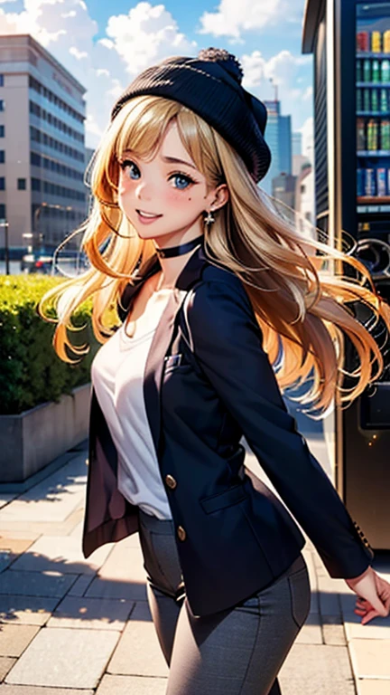 A girl is posing for a photo, cute女の子, Enchanting girl, 

(Blonde, Forehead, Wavy Hair, Long Hair), (Red eyes), 
(Black jacket:1.2, White Shirt:1.2, Dark gray slacks:1.2, Wear a black topper hat:1.2)、Black choker、Red Gem Earrings、

(((highest quality)), ((masterpiece)), (Very detailed), (High resolution), (Beautiful detailed sparkle), (High detail), (Anatomically correct)), ((Realistic)), ((The best CG)), Ultra-detailed art, CG illustration, 16k, 1080P, Oil paints:1.2,   

(((One Woman))), 
(Symmetrical facial features, Perfect Face), Beautiful clavicle, (Beautiful fingers), (Beautiful breasts, (Ｃcup)), 
Beautiful body, Beautiful thighs, Beautiful feet, Perfect round butt, (((Detailed skin, Oily skin, Textured skin, Beautiful Skin))), 

(((, cute, 16 s old)yelids, Long eyelashes, 
(Droopy eyes, Expression of fine eyes, Beautiful and delicate eyes, Sparkling eyes, Eye Reflexes), 
(Beautiful Nose,Thin Nose), 
(Glossy Lips, Beautiful Lips, thick lips), 

(Beautiful Hair, Shiny Hair, Shiny Hair), Hair fluttering), 

(smiley, laughing, blush),  
BREAK 

(noon、(Cloudy city, In front of the vending machine)), ((Walking:1.4, Cowboy Shot))
