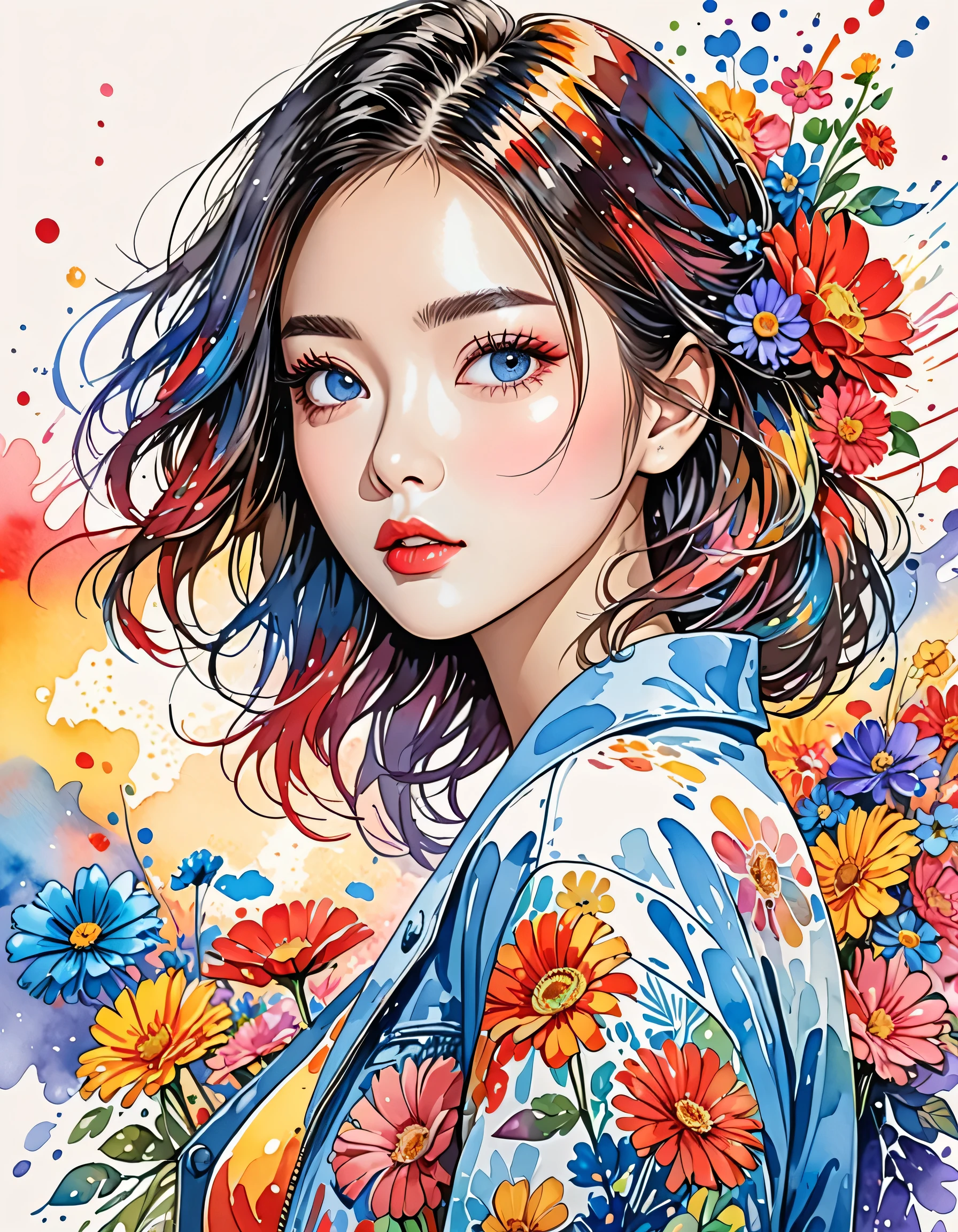 Mai Yoneyama Style、(((stylish fashion))), 8K Quality、Intense watercolor, Detailed watercolor art, Watercolor splash, Surreal, avant-garde pop art, Beautiful and expressive paintings, Beautiful artwork illustration, Very colorful tones, wonderful, Cool beauty, highest quality、Official Art, Vector art, Stylish design, (((The most beautiful girl))), (((highest quality))), HDR, ((detailed)), (((Doodle Art)), ((masterpiece)), ((Super detailed)), (((Colorful flowers))),(((Stylish)))