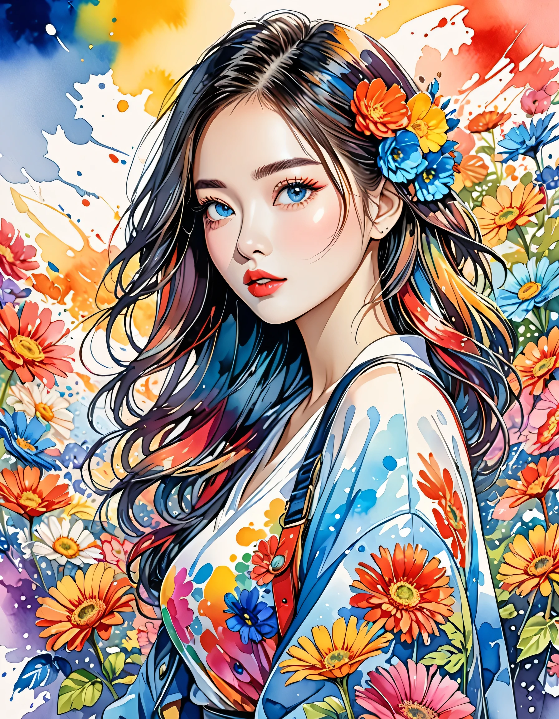 Mai Yoneyama Style、(((stylish fashion))), 8K Quality、Intense watercolor, Detailed watercolor art, Watercolor splash, Surreal, avant-garde pop art, Beautiful and expressive paintings, Beautiful artwork illustration, Very colorful tones, wonderful, Cool beauty, highest quality、Official Art, Vector art, Stylish design, (((The most beautiful girl))), (((highest quality))), HDR, ((detailed)), (((Doodle Art)), ((masterpiece)), ((Super detailed)), (((Colorful flowers))),(((Stylish)))