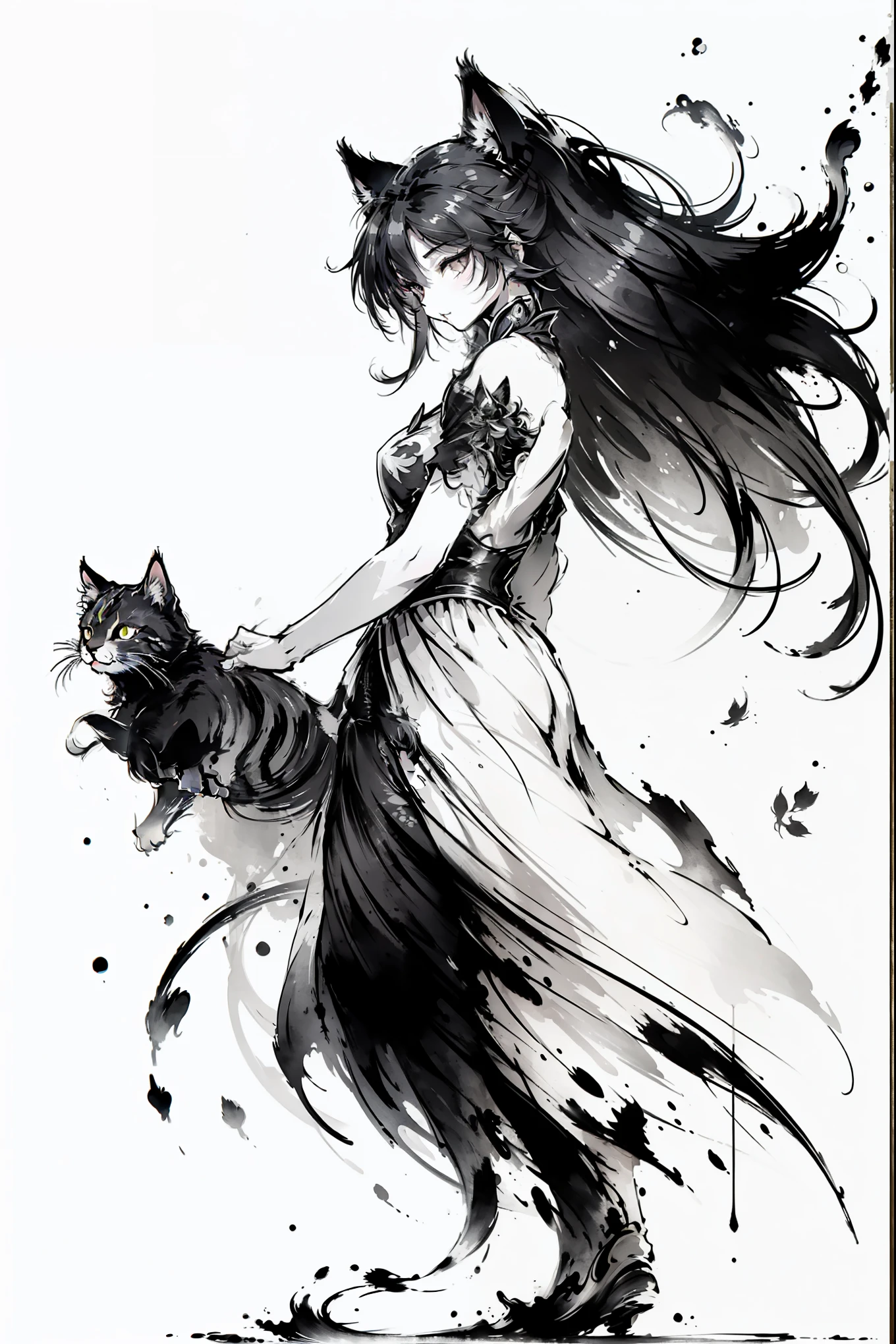 (最high quality:1.2, masterpiece:1.2, Best aesthetics), Black and White, Monochrome artwork, Ink Painting, (((1 girl and 1 cat))), Straight Long Hair, China dress, Vibrant, female curvy beauty, (With a cat:1.2), Expressing a sense of speed with ink splashes, (((Aggressive cat action:1.2, Kitten on the move:1.2, Front view))), high quality, (((Ink Painting))),