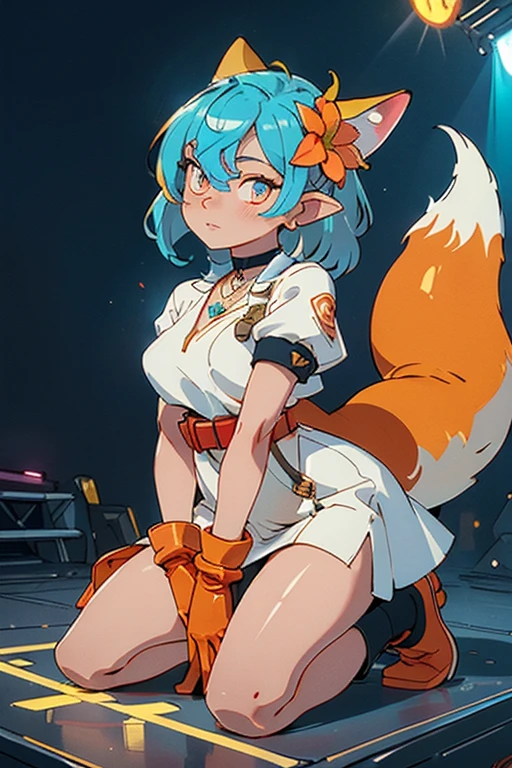 verinadef, blue hair, hair ornament, medium hair,  hair flower, gloves, red latex gloves,
detailed eyes, shining eyes, 
choker, necklace, on stage, shining skin, light up skin, oily detailed skin, 
((vivid light up to the stage)), (fox ears), a fox tail, orange  gater belt dress, kneeling , arms open,
The crowd is cheering loudly, vivid color light up, vibrant colors, masterpiece, sharp focus, enhanced color contrast, from above, side dynamic angle,
((highly detailed background:1.2)),(masterpiece:1.2), best quality, 