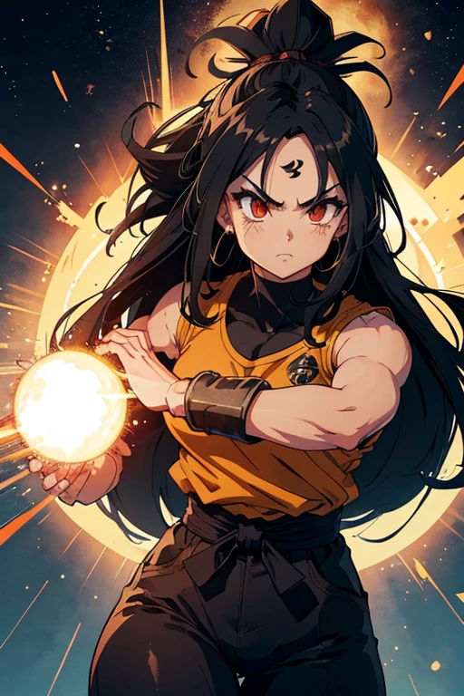 1, SAIYAN woman. saiyan. Black, long straight hair, with small brown blemish/highlight. Kind but fierce, soft facial look. Ki blast in hand. Thick BUT- slim. Athletically toned, muscley. Thick. Wearing full saiyan clothes/ full Gi. Wearing full cover Gi. Undersleeve/suit. Trousers. Top.