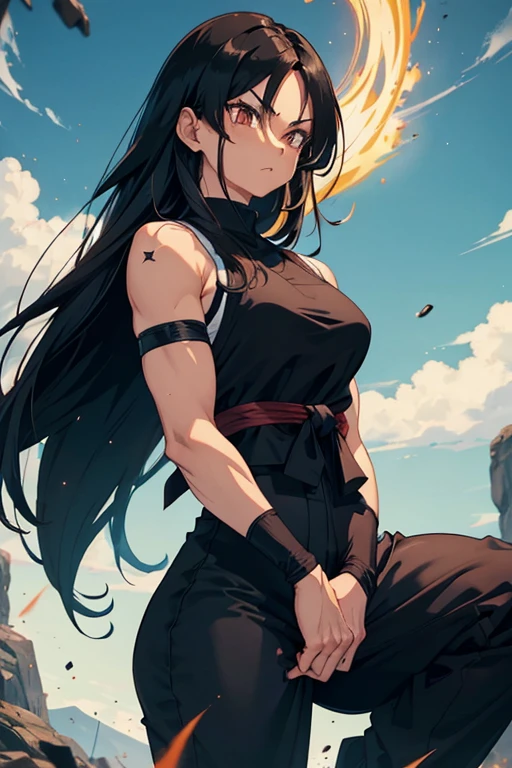 1, SAIYAN woman. saiyan. Black, long straight hair, with small brown blemish/highlight. Kind but fierce, soft facial look. Ki blast in hand. Thick BUT- slim. Athletically toned, muscley. Thick. Wearing full saiyan clothes/ full Gi. Wearing full cover Gi. Undersleeve/suit. Trousers. Top.