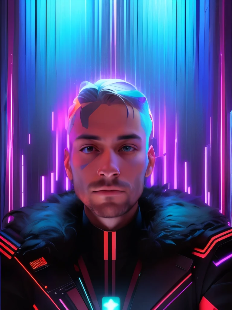 a man sits in front of a colorful wall, 4k symmetrical portrait, 4K symmetrical portrait, Selfie photography in 8k resolution, glitchy, video glitch, looking straight into the camera, Jared Forest on glitchchart, nft-portrait, Hyper-realistic symmetrical 8K, frontal photography, there is a self-portrait, unexpected glitch art, Symmetrical science fiction portrait
