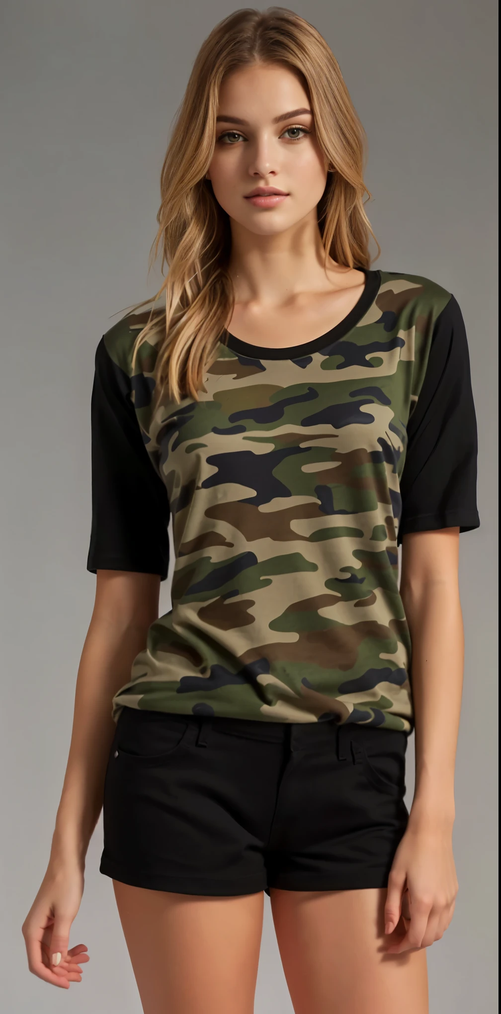 uma mulher de short e blusa camuflada posando para uma foto, vestindo camuflagem, camuflagem da selva, camuflar, roupas militares, army girl outfit, vestindo uma camiseta e combate, roupa militar, army, camo, graphic print, wearing roupa militar, garota militar, camuflar made of love, graphic t-shirts, camuflar uniform, militares, top fofo, desenho militar