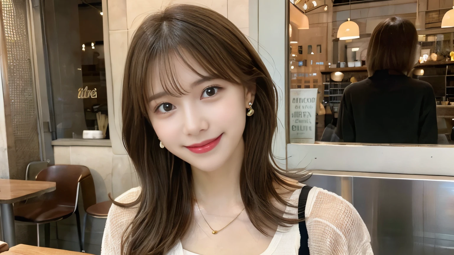 super high quality, short hair, thin, Photography Sculpture, The staff is working at the counter in the back.., (8k、RAW Photos、highest quality、masterpiece:1.2), Japanese Idols, Shaggy, Sportswear, Stylish cafe, People having fun at the cafe々Bustling with., (Realistic、Realistic:1.37), Mesh Hair, Urban Cafe, Golden Ratio, RAW Photos, Cute Face , Light brown hair, Earrings, Small breasts, Bright cafe interior, Spring Clothes, necklace, Spoiled, smile, Hair blowing in the wind, Dress neatly, 18-year-old, younger sister,