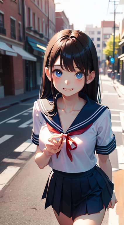masterpiece, highest quality, One Girl, ((beautiful girl))、(((Narrow waist))), Official Art, RAWphotograph,colorful、Bright lighting、Face Light, Ultra-realistic, High resolution, photograph, Sharp focus, Highly detailed eyes and face,((Blue Eyes、There are stars in the eyes))、Symmetrical face, whole body、Long Hair、Thin thighs、Beautiful breasts、美しいCleavage、((Embarrassed、Shyness、Happy smile))、(((Sailor suit、Light blue micro mini skirt、Red ribbon、Cleavage)))、Knee-high socks、Brown Loafers、((The background is dark、A road with only one streetlight))