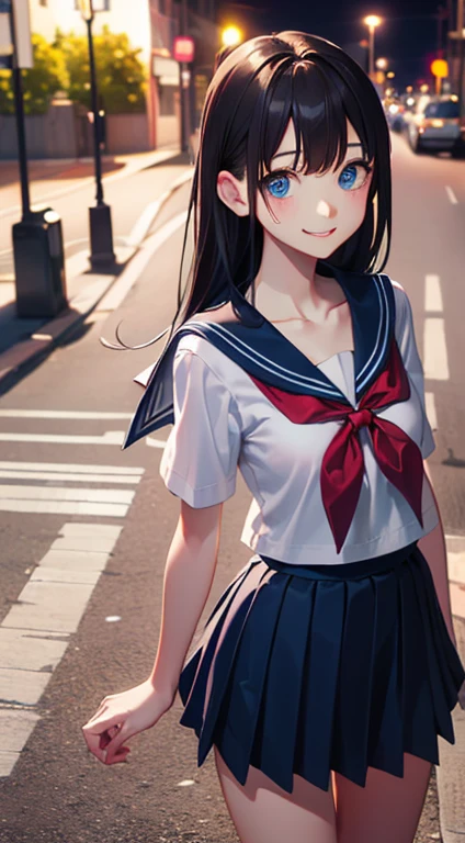 masterpiece, highest quality, One Girl, ((beautiful girl))、(((Narrow waist))), Official Art, RAWphotograph,colorful、Bright lighting、Face Light, Ultra-realistic, High resolution, photograph, Sharp focus, Highly detailed eyes and face,((Blue Eyes、There are stars in the eyes))、Symmetrical face, whole body、Long Hair、Thin thighs、Beautiful breasts、美しいCleavage、((Embarrassed、Shyness、Happy smile))、(((Sailor suit、Light blue micro mini skirt、Red ribbon、Cleavage)))、Knee-high socks、Brown Loafers、((The background is dark、A road with only one streetlight))