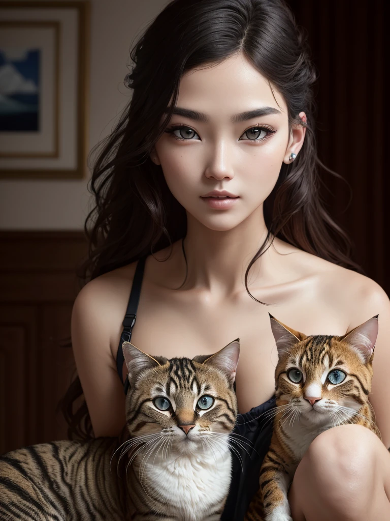 highest quality, Perfect Face, Complex, Beautiful views, Ultra-realistic 8K CG,Perfect artwork, (Ultra-high resolution:1.0), 8k, RAW Photos, (masterpiece:1.2), Girls waiting for food with cats, It seems like he can&#39;t wait any longer for dinner.