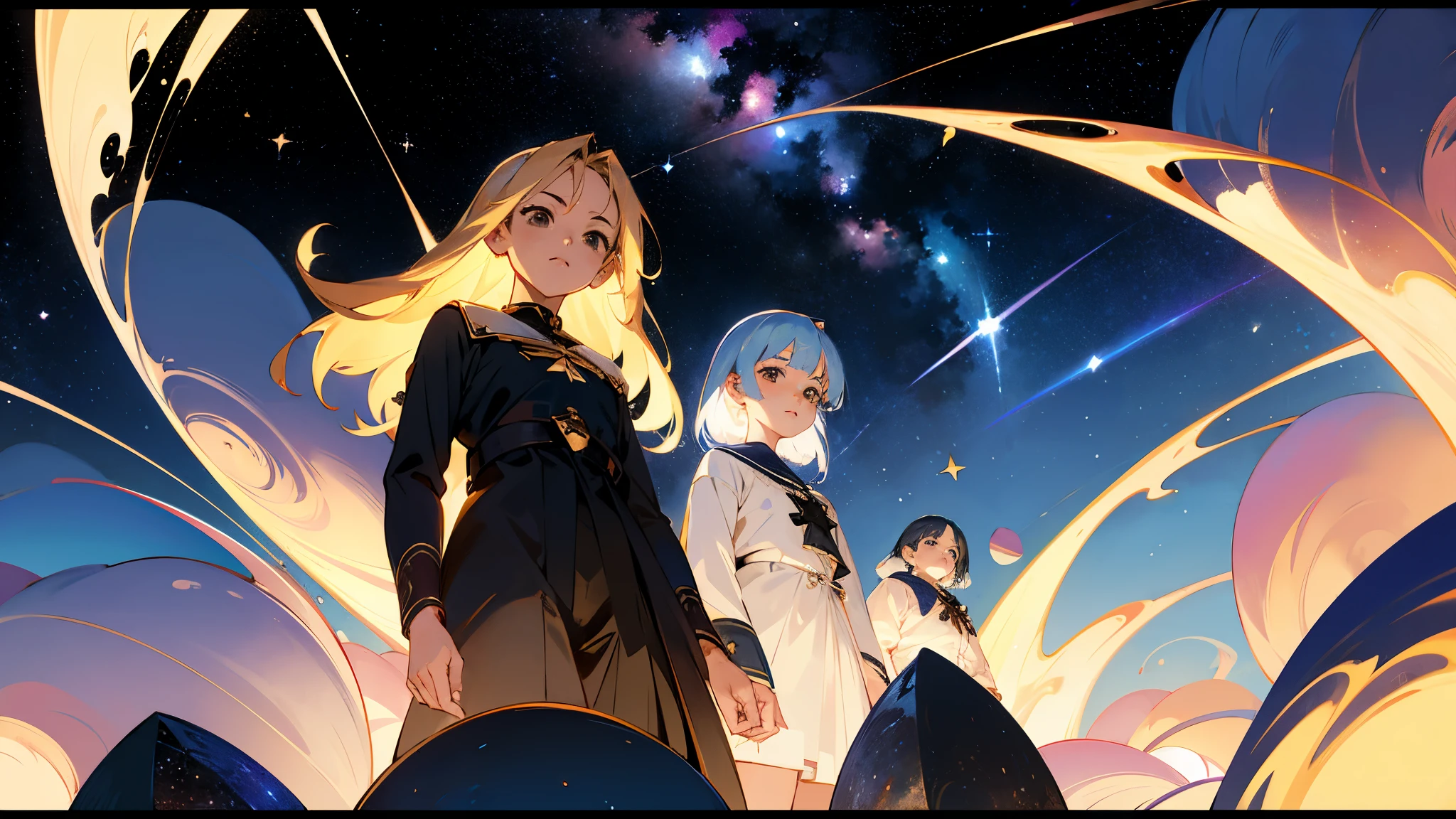(masterpiece、Best Quality: 1.2)、Provocative composition、Low - Angle、From below、Look Up、Cinematic Anime、universe、universe、milky way、Cosmos、惑star、star、universe飛行士、whole body、Super detailed、Beautiful Face、Fine grain、Anime clips of three girls floating in great detail、Correct Anatomy、Incredible Absades