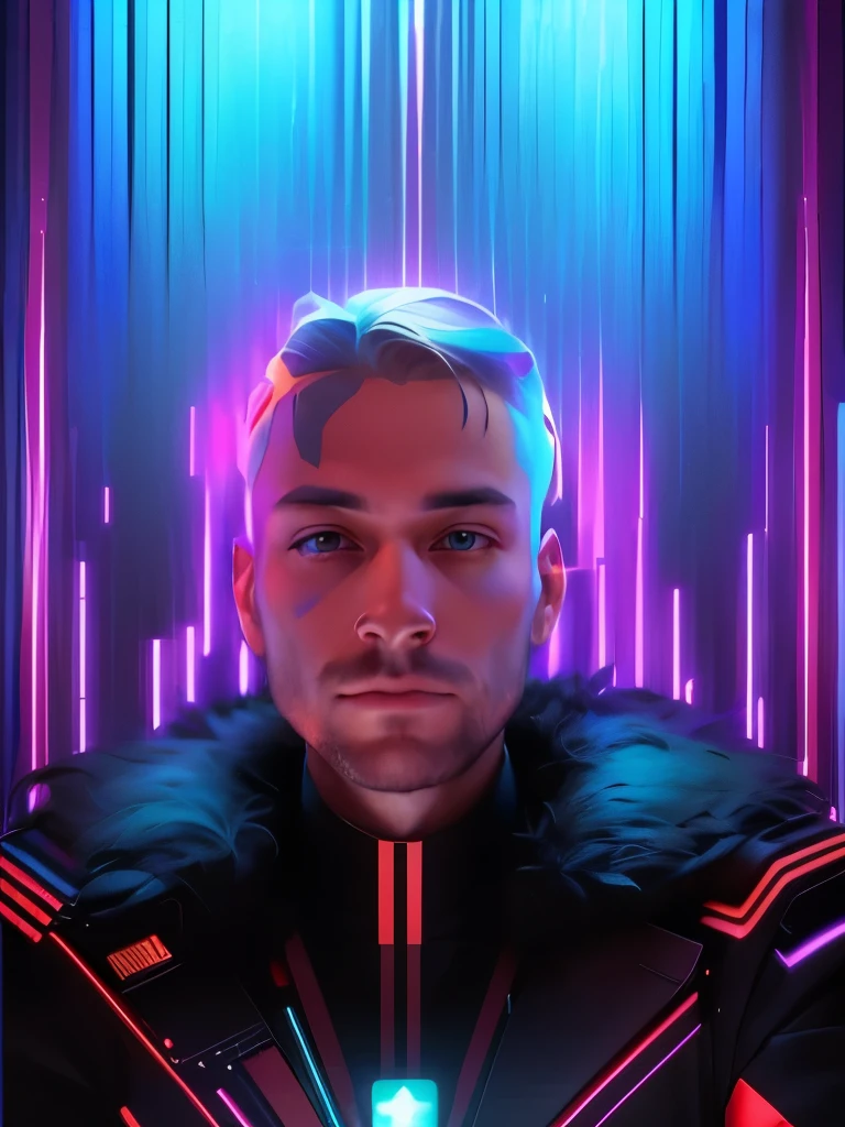 a man sits in front of a colorful wall, 4k symmetrical portrait, 4K symmetrical portrait, Selfie photography in 8k resolution, glitchy, video glitch, looking straight into the camera, Jared Forest on glitchchart, nft-portrait, Hyper-realistic symmetrical 8K, frontal photography, there is a self-portrait, unexpected glitch art, Symmetrical science fiction portrait