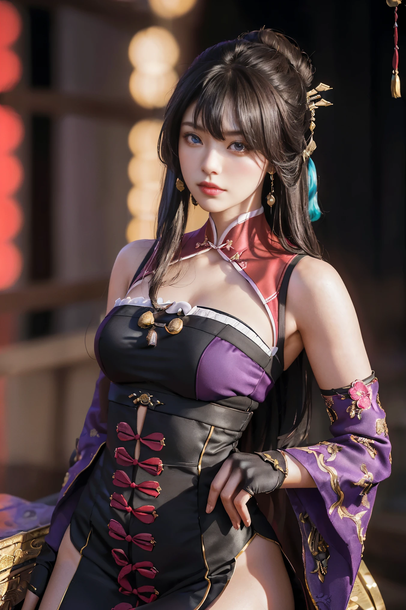 (photorealistic:1.4), (masterpiece, sidelighting, finely detailed beautiful eyes: 1.2), masterpiece*portrait, realistic, 3d face, beidou \(genshin impact\), 1girl, ahoge, architecture, By bangs,Bare shoulders,Bell,black glove,(Black tights,black brown hair, left eye patched),Blushlush,Beautiful breasts,Red light purple Chinese knot,the sleeve,flower knot, dark brown hair,Look at the audience,middlebreast,Neckbells