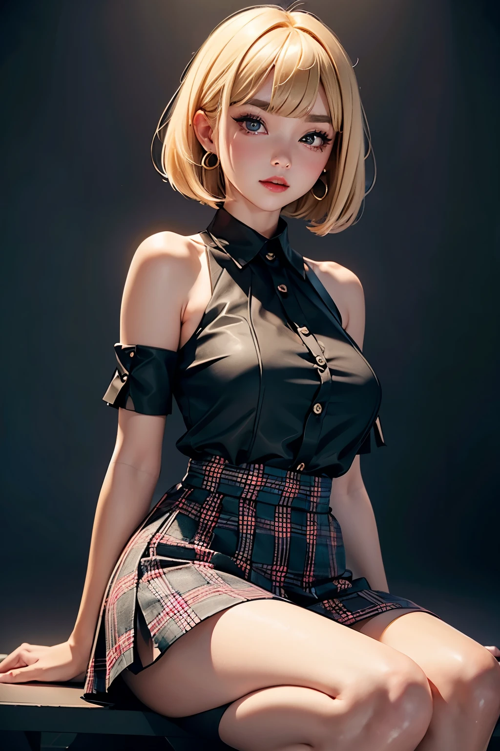 dyed blonde hair, adorable girl with straight bangs and bob cut, black sleeveless buttoned blouse with sheer material above neckline of blouse, red lipstick and a lot of doll-like makeup, blouse is tucked into plaid school girl miniskirt, fishnet stockings, Maryjane heels, sheer detached sleeves on arms, coy expression, sultry pose, professional, statement earrings, extreme detail description,professional, Natural and soft anime colors with a dreamy atmosphere, detailed face