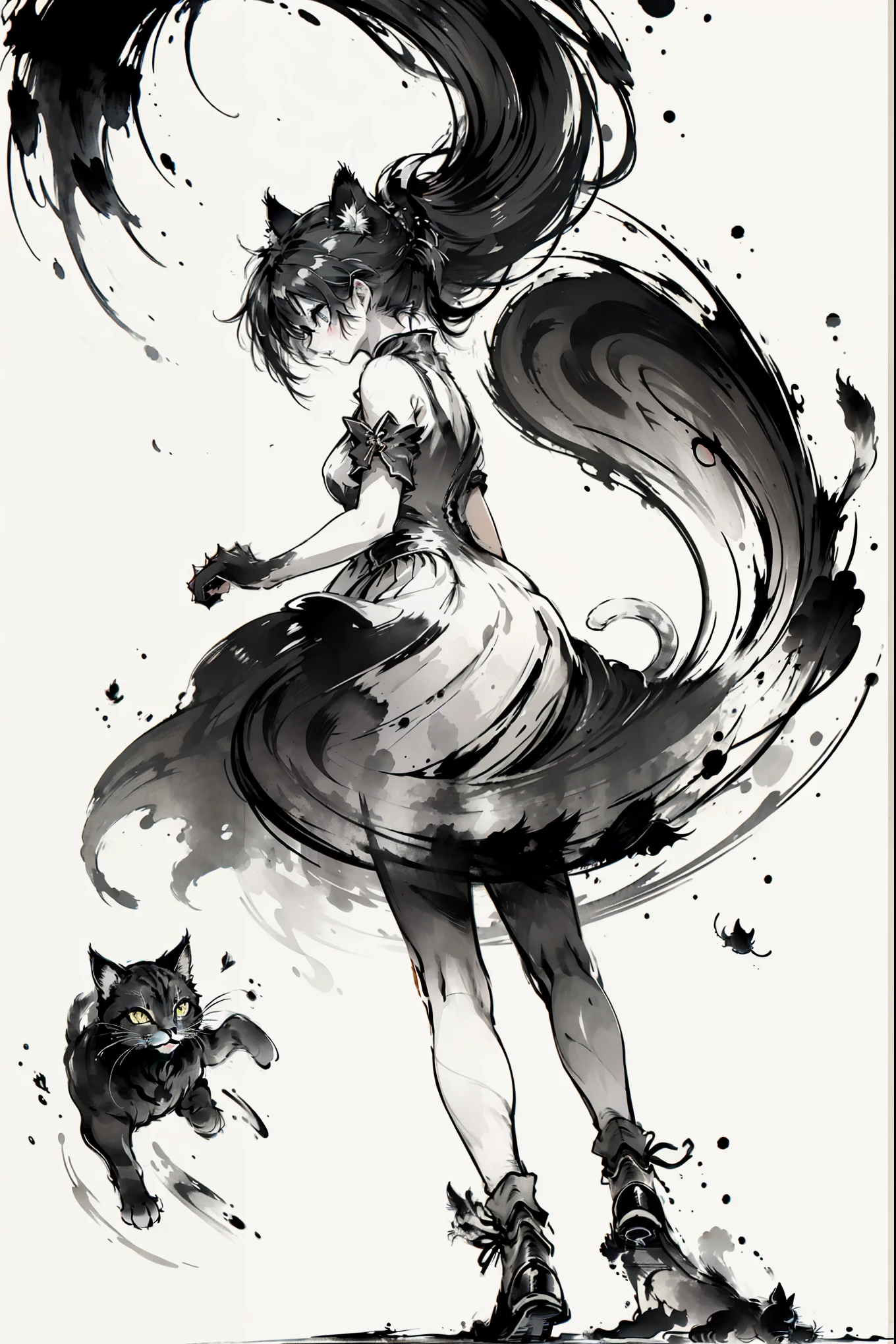 (最high quality:1.2, masterpiece:1.2, Best aesthetics), Black and White, Monochrome artwork, Ink Painting, (((1 girl and 1 cat))), Straight Long Hair, China dress, Vibrant, female curvy beauty, (With a cat:1.2), Expressing a sense of speed with ink splashes, (((Aggressive cat action:1.2, Kitten on the move:1.2, Front view))), high quality, (((Ink Painting))),
