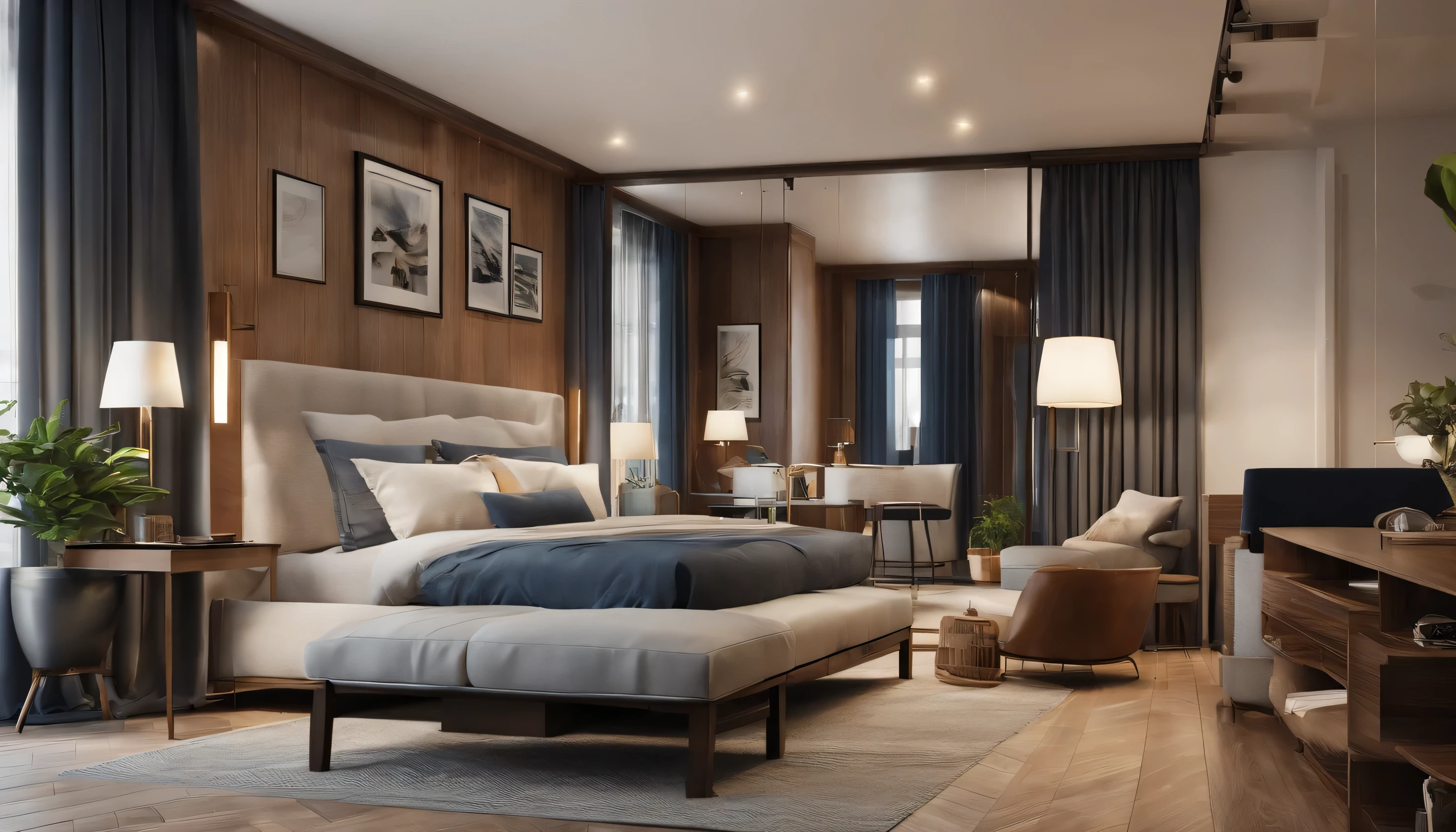 Design a realistic and highly detailed 3D visualization of a modern apartment with the following specifications: * Kitchen with 8K and 16K textures to ensure a high level of precision * Wood-patterned wallpaper on the walls * Blue-colored curtains * Wooden deck * White rug * Morning sunlight streaming in through the windows * A landscape painting of the ocean * Natural color palette with a touch of urban flair * One single indoor plant * A standalone lamp * A tower-shaped residential building Please generate a detailed and beautiful description of this scene, focusing on the attention to detail and realism of the design elements."
