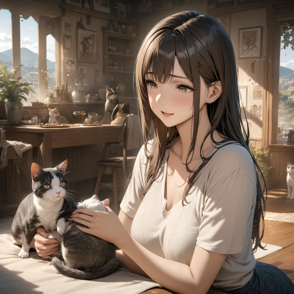 highest quality, Perfect Face, Complex, Beautiful views, Ultra-realistic 8K CG,Perfect artwork, (Ultra-high resolution:1.0), 8k, RAW Photos, (masterpiece:1.2), Girls playing with cats