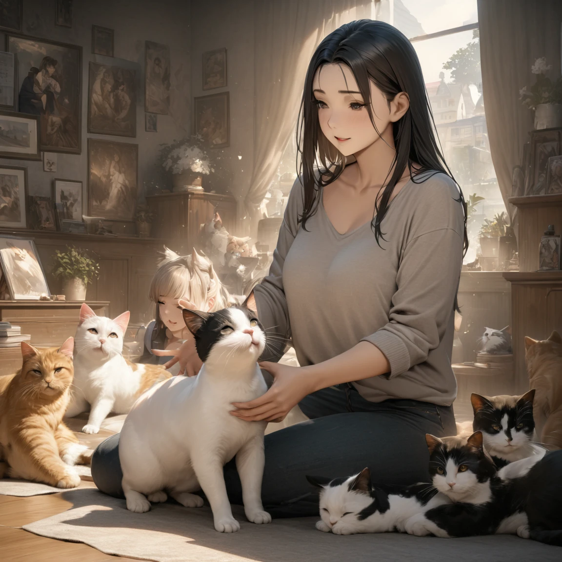 highest quality, Perfect Face, Complex, Beautiful views, Ultra-realistic 8K CG,Perfect artwork, (Ultra-high resolution:1.0), 8k, RAW Photos, (masterpiece:1.2), Girls playing with cats