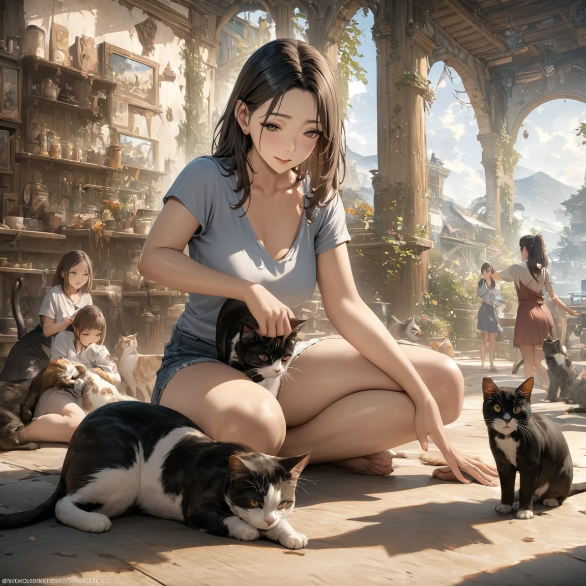 highest quality, Perfect Face, Complex, Beautiful views, Ultra-realistic 8K CG,Perfect artwork, (Ultra-high resolution:1.0), 8k, RAW Photos, (masterpiece:1.2), Girls playing with cats