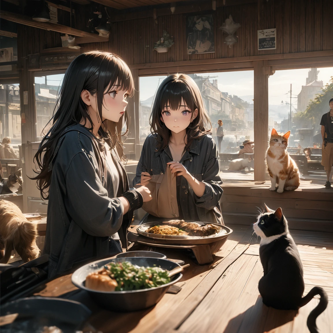 highest quality, Perfect Face, Complex, Beautiful views, Ultra-realistic 8K CG,Perfect artwork, (Ultra-high resolution:1.0), 8k, RAW Photos, (masterpiece:1.2), Girls waiting for food with cats, It seems like he can&#39;t wait any longer for dinner.