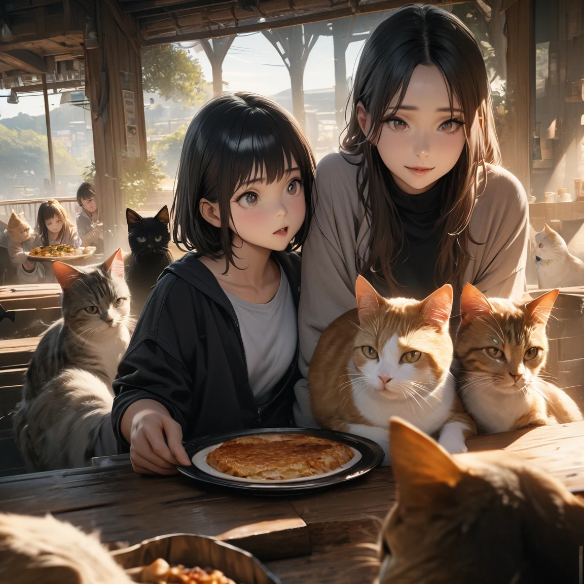 highest quality, Perfect Face, Complex, Beautiful views, Ultra-realistic 8K CG,Perfect artwork, (Ultra-high resolution:1.0), 8k, RAW Photos, (masterpiece:1.2), Girls waiting for food with cats, It seems like he can&#39;t wait any longer for dinner.