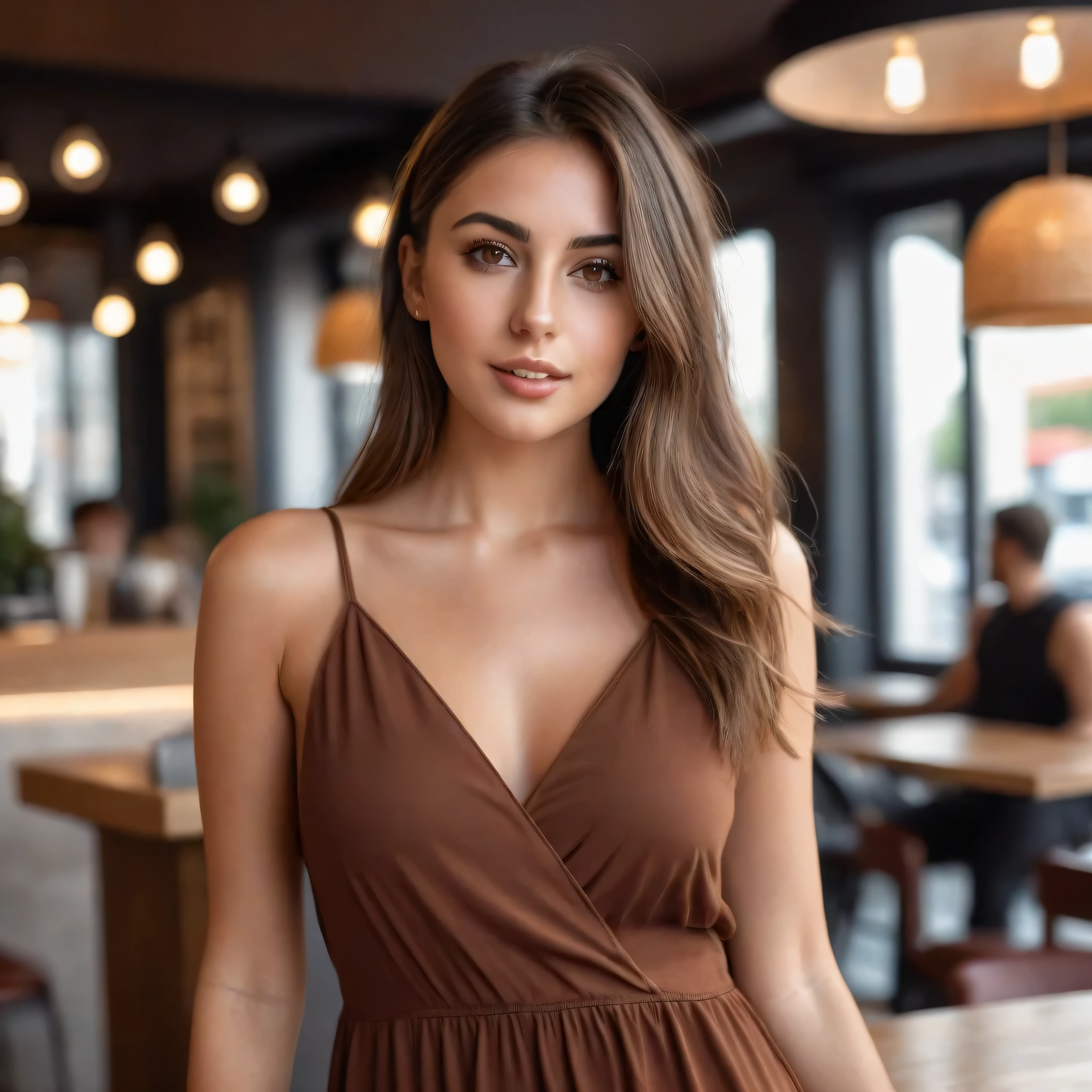 Create a RAW portrait image of 23years Brazarian female model, attractive young, wearing casual mini dress, featuring with brown hair with visible roots, dark brown eyes, well-endowed, bold and sexy influencer, photorealistic, standing at coffee shop, soft light, emotion playful, 8k