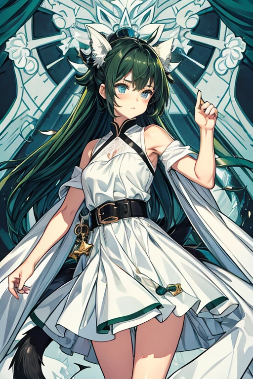 Innocence, Dark green hair, Double tail, Put your hands behind your back, White Dress, Black belt, A girl,blue eyes,